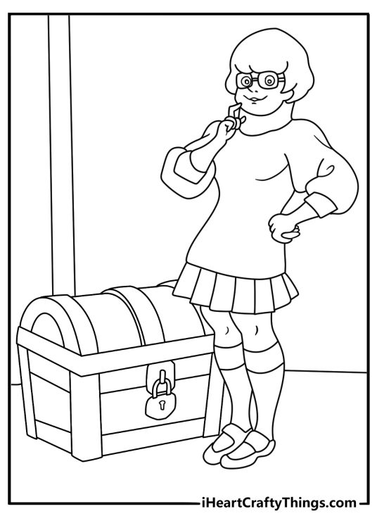 Scooby Doo coloring page for kids with Velma beside a locked treasure box