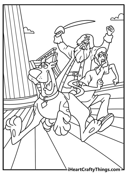 Scooby Doo coloring pages scene featuring Scooby inside an old pirate ship