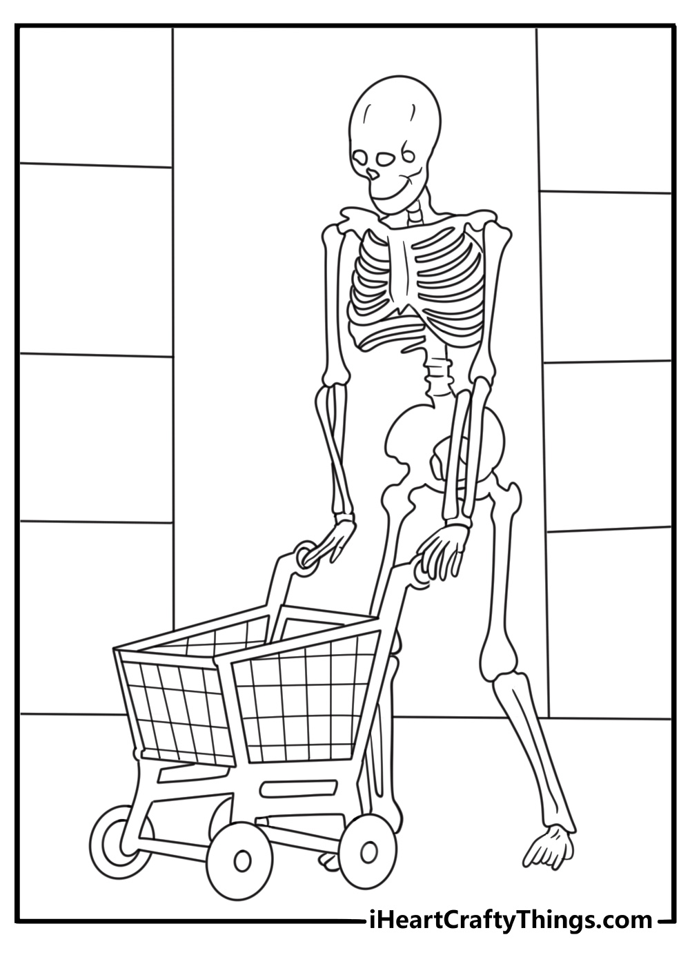 Skeleton coloring page for kids showing a skeleton pushing a shopping cart