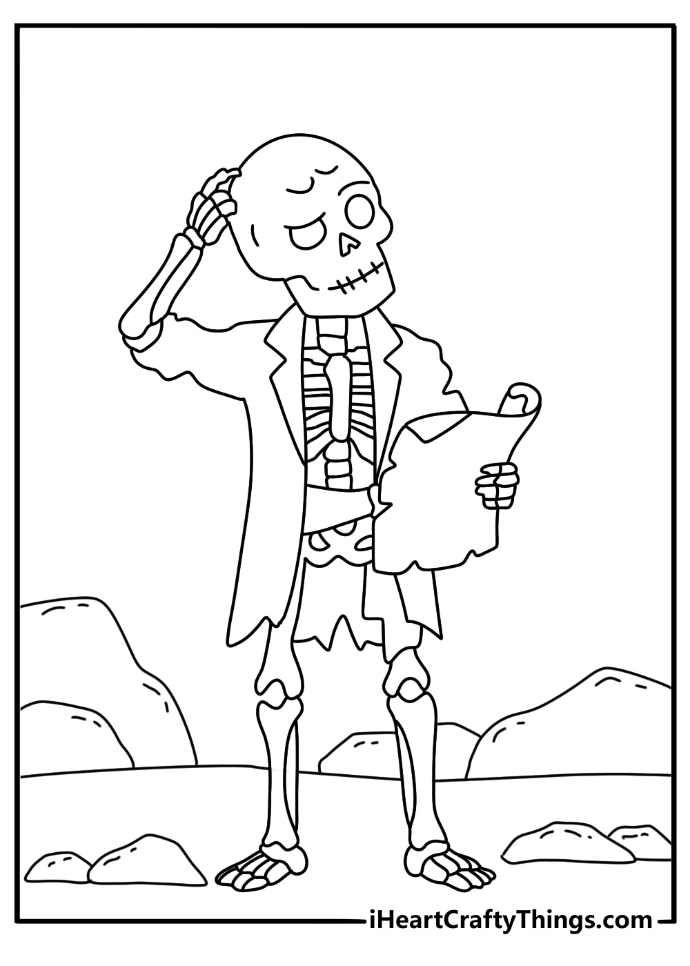 Skeleton coloring page showing a skeleton reading an old map