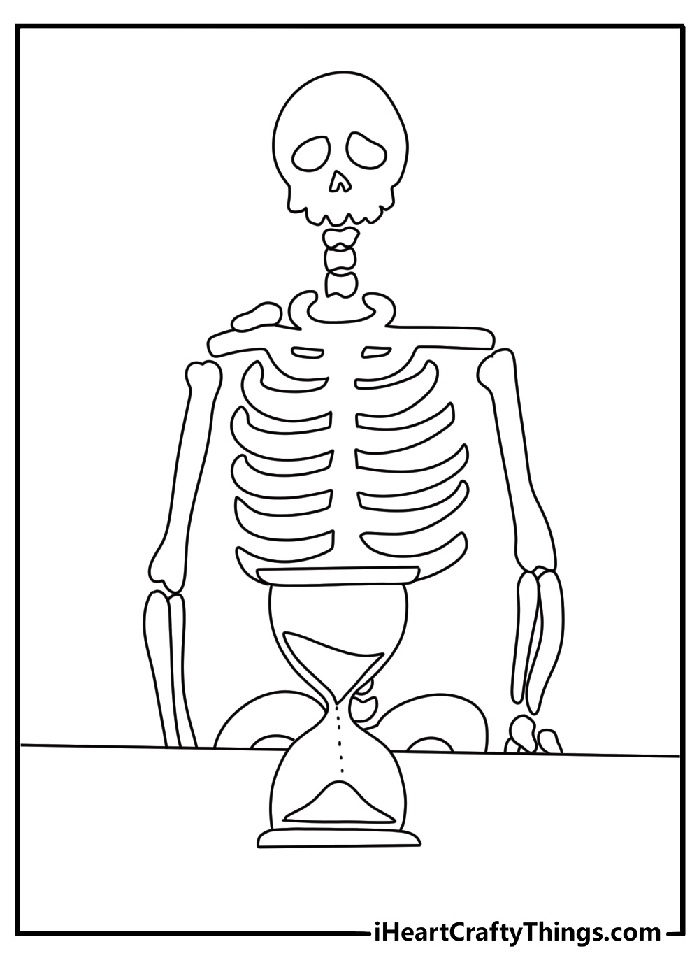 Skeleton coloring pages scene featuring a skeleton beside an hourglass