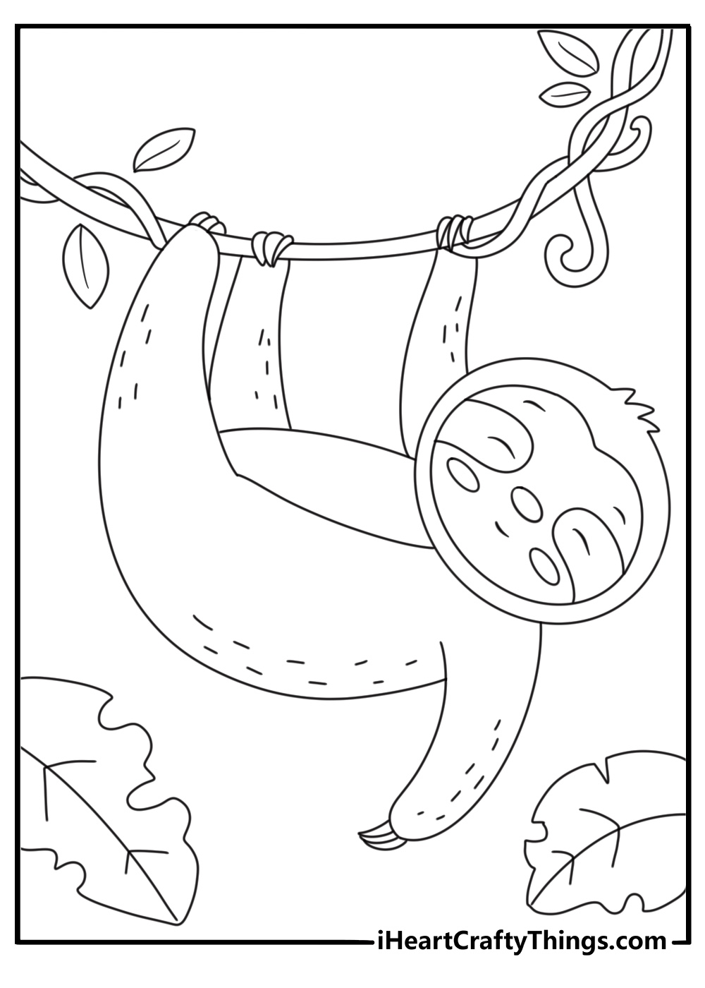 Sloth hanging from a rainforest branch fills this cute animal coloring page