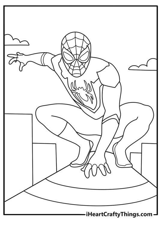 Spider Man coloring printable with Miles landing beside a water tower