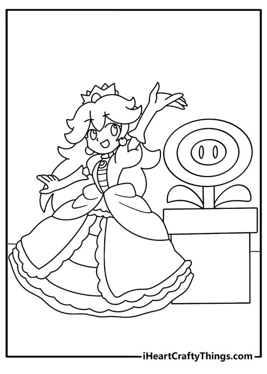 Super Mario coloring sheet with Peach near a pipe and flower power up