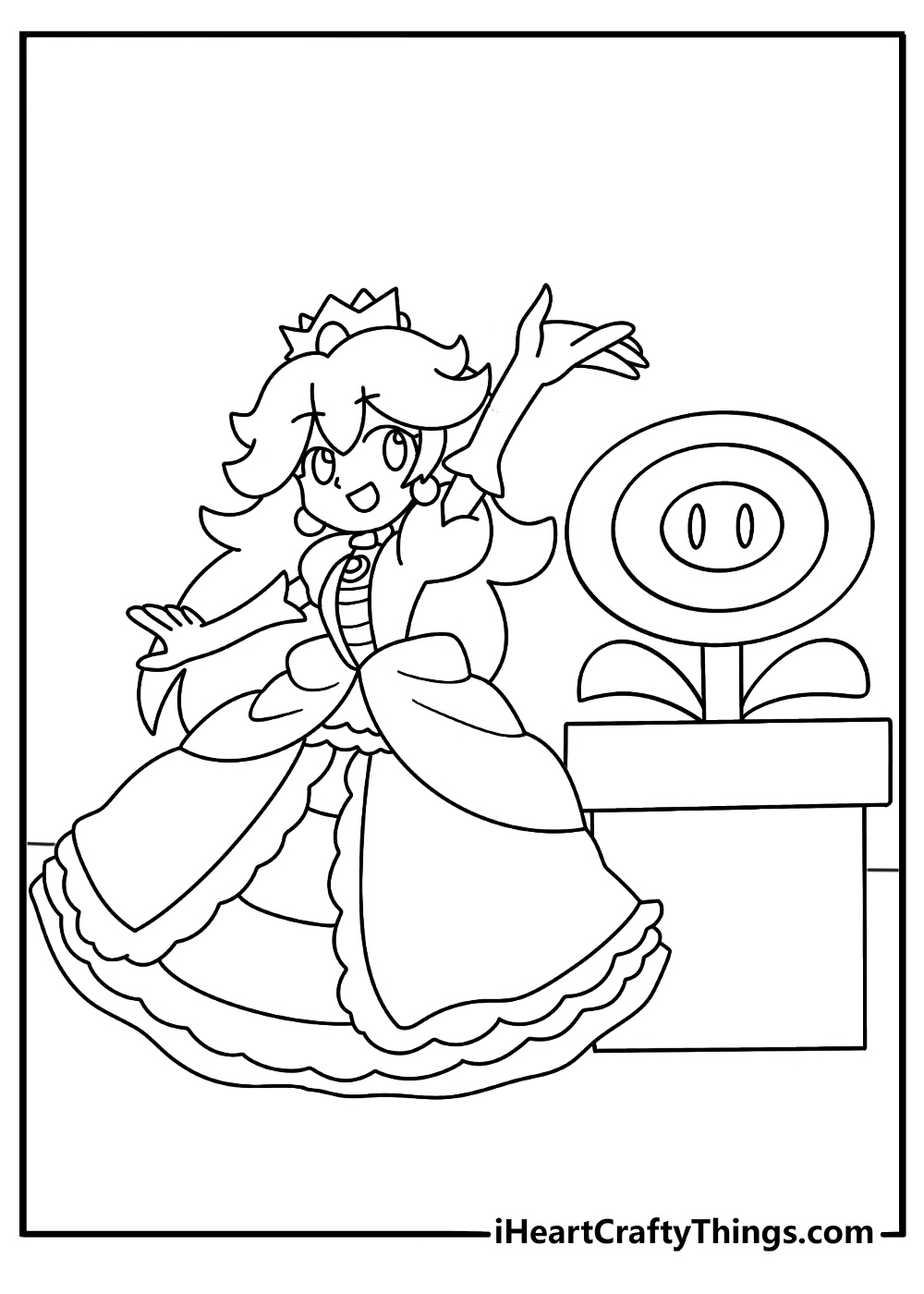 Super Mario coloring sheet with Peach near a pipe and flower power up
