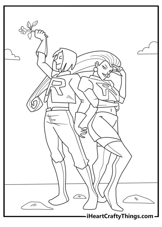 Team Rocket Jessie and James back to back James holding a rose clean line art