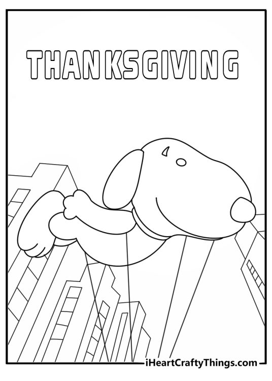 Thanksgiving Day parade balloons float above a city street in this fun coloring page