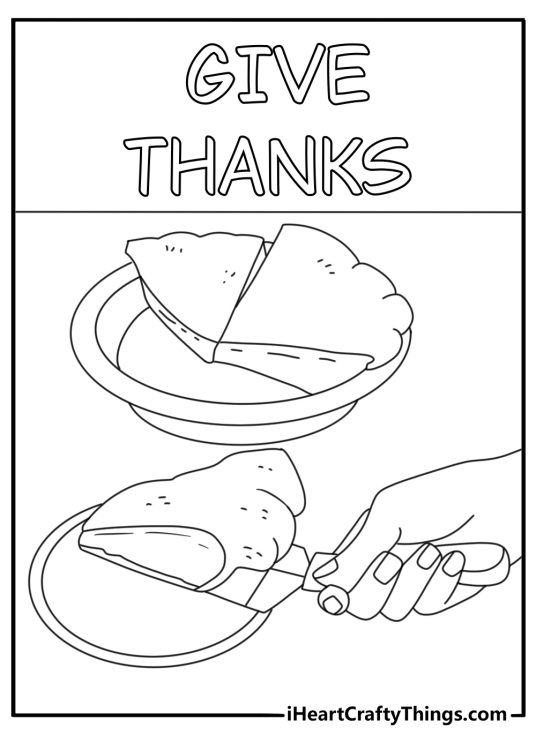 Thanksgiving coloring page showing a pie server lifting one dessert slice
