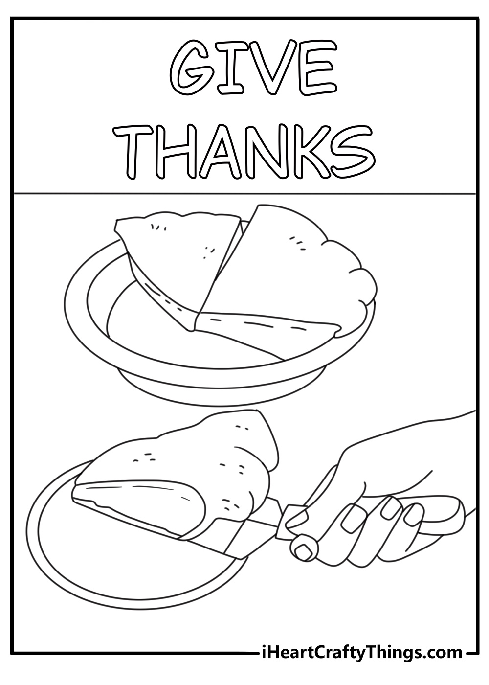 Thanksgiving coloring page showing a pie server lifting one dessert slice
