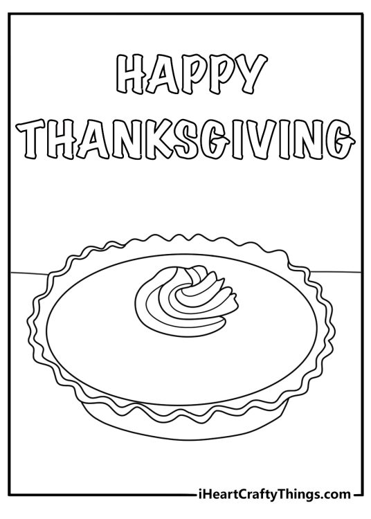 Thanksgiving coloring page showing a pumpkin pie cooling on a kitchen rack