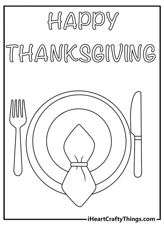 Thanksgiving coloring pages design featuring a napkin folded beside a dinner plate