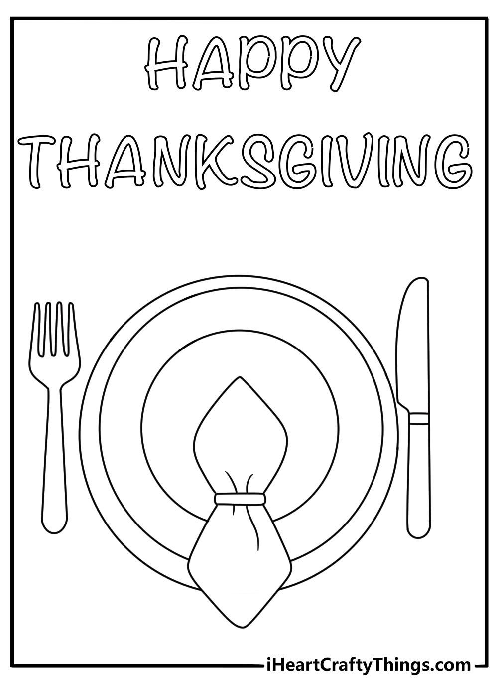 Thanksgiving coloring pages design featuring a napkin folded beside a dinner plate
