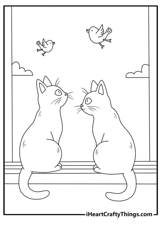 Two cats watch birds from a windowsill in this easy coloring printable