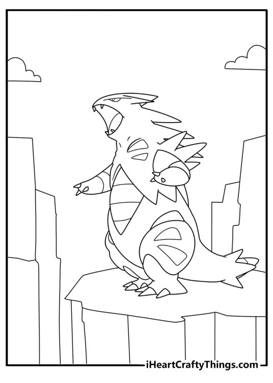 Tyranitar roaring on rocky cliff strong silhouette