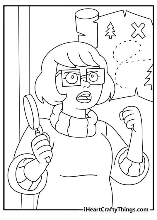 Velma examines a strange map in this Scooby Doo coloring sheet