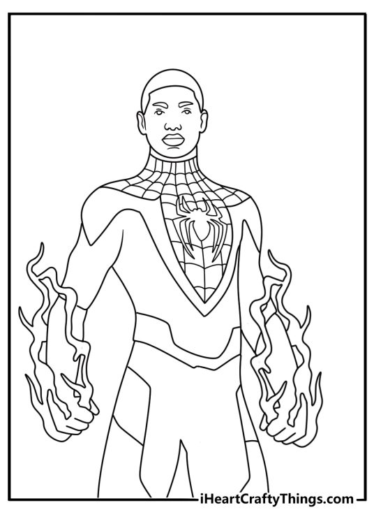 Venom energy lights up one fist in this detailed Miles Morales coloring sheet