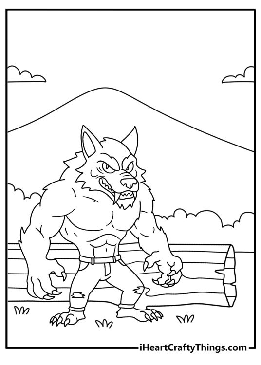 Werewolf coloring page for kids showing a beast beside a fallen log