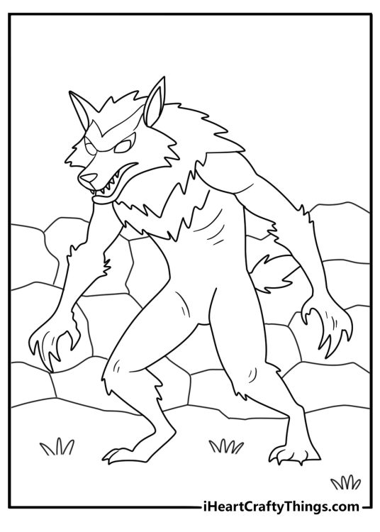 Werewolf coloring page showing a beast beside an old stone well
