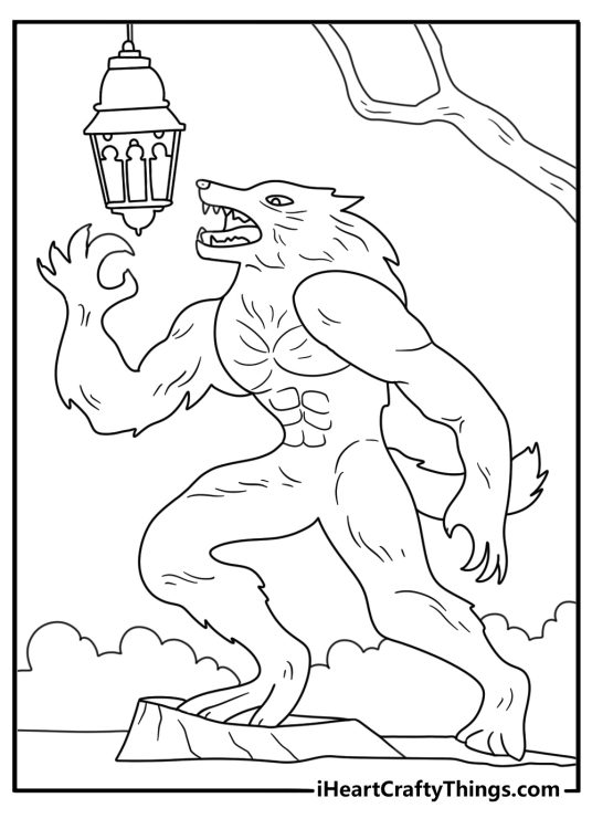 Werewolf coloring pages scene showing a beast beside a flickering lantern