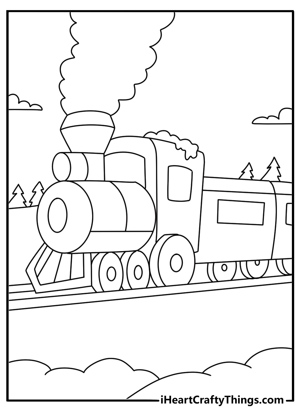 Winter coloring page featuring a snow covered train moving through the countryside