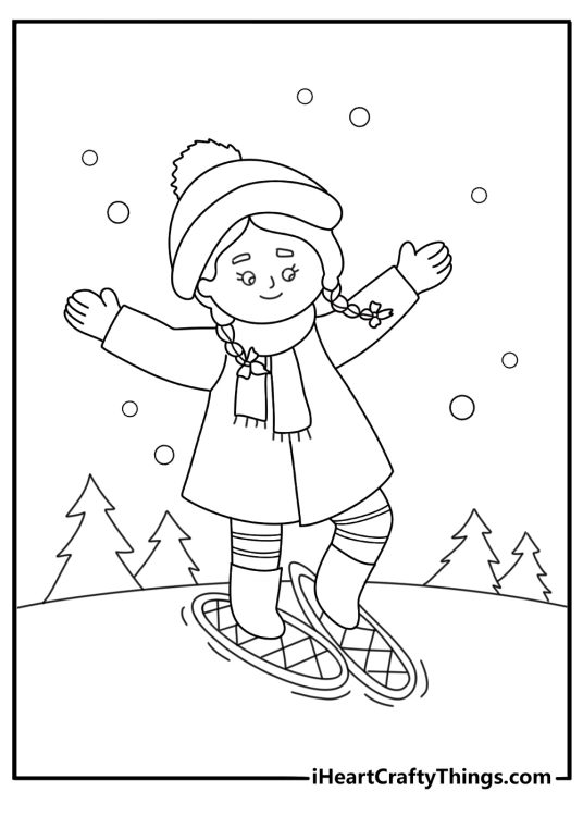 Winter coloring page showing a child walking on snowshoes through deep snow