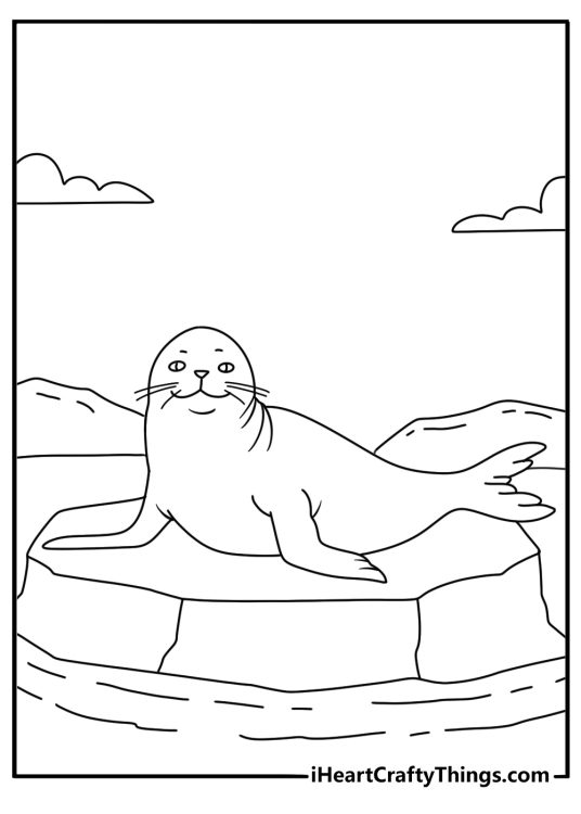 Winter coloring pages printable featuring a seal resting on sea ice
