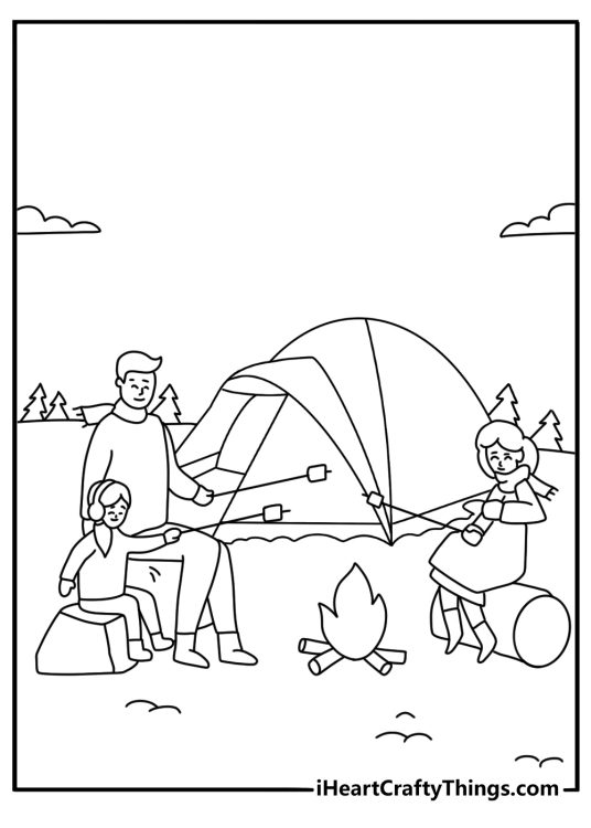 Winter coloring pages scene featuring a family camping in a snowy tent