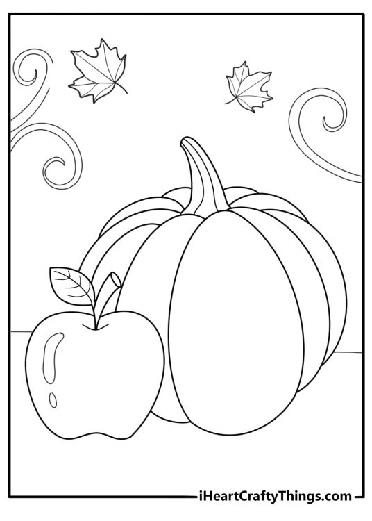 apple and pumpkin together autumn themed coloring page