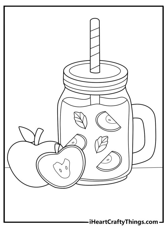apple cider jug with apples around it coloring page for kids