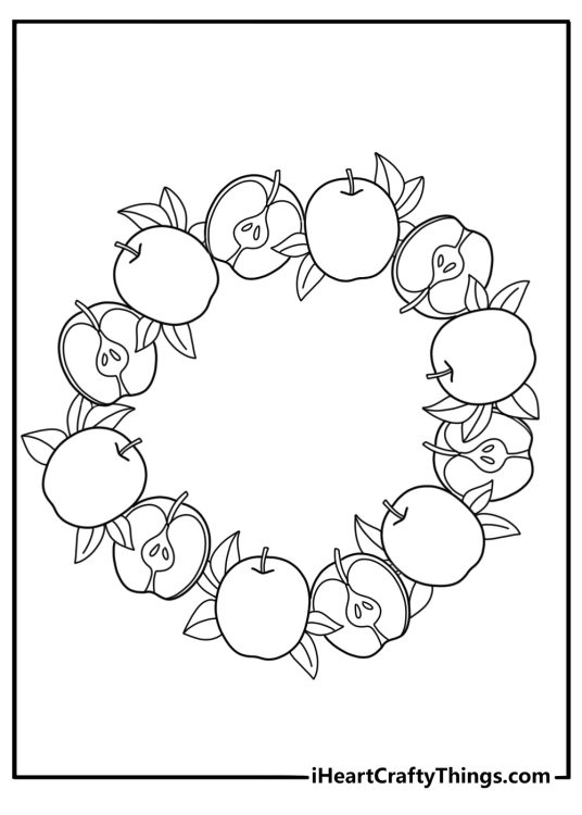 apple wreath with leaves and branches simple coloring sheet