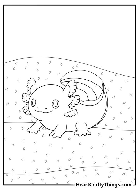 axolotl crawling on sand bottom easy coloring page for kids