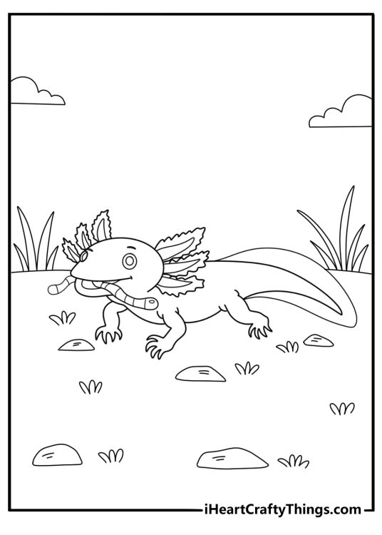 axolotl eating small worm printable coloring page