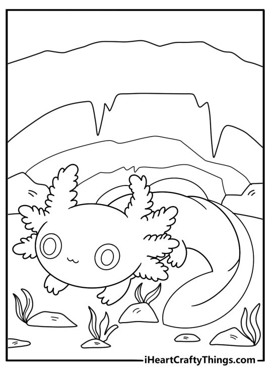 axolotl hiding in cave underwater coloring sheet