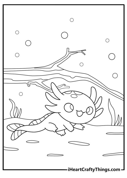 axolotl resting under driftwood detailed coloring page