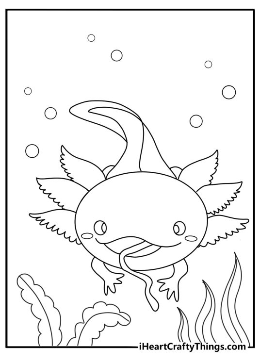 axolotl with open mouth catching food printable coloring sheet