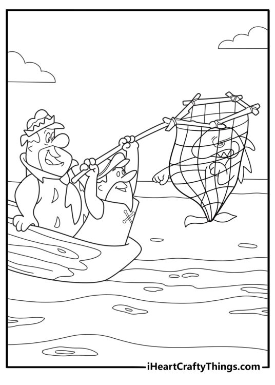 Barney rubble fishing in a prehistoric river coloring sheet