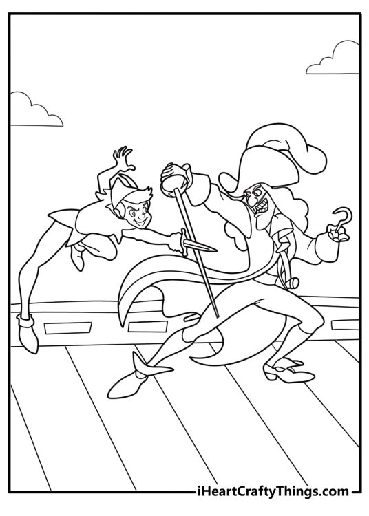 Captain hook and peter pan sword fight coloring page for kids