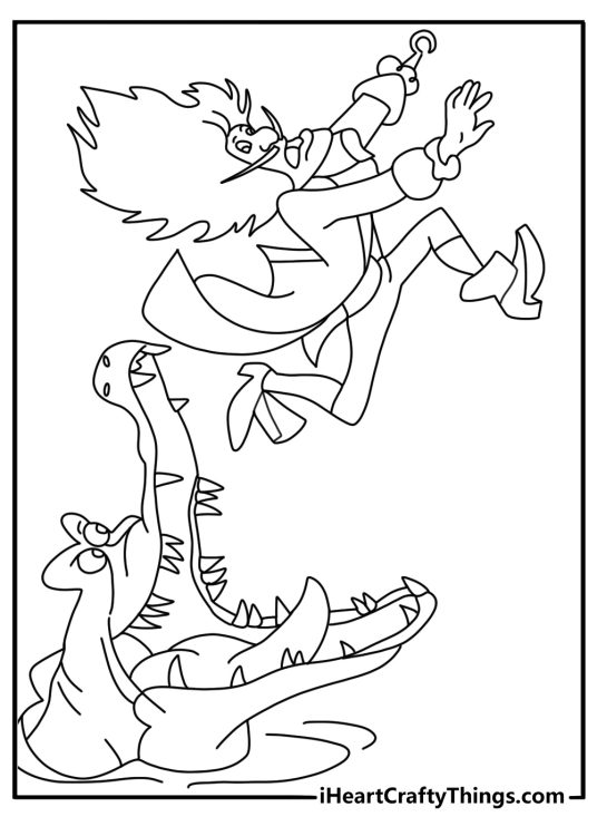 Captain hook escaping from crocodile coloring sheet