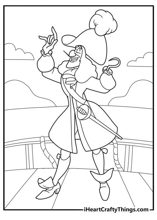Captain hook holding map on ship coloring sheet