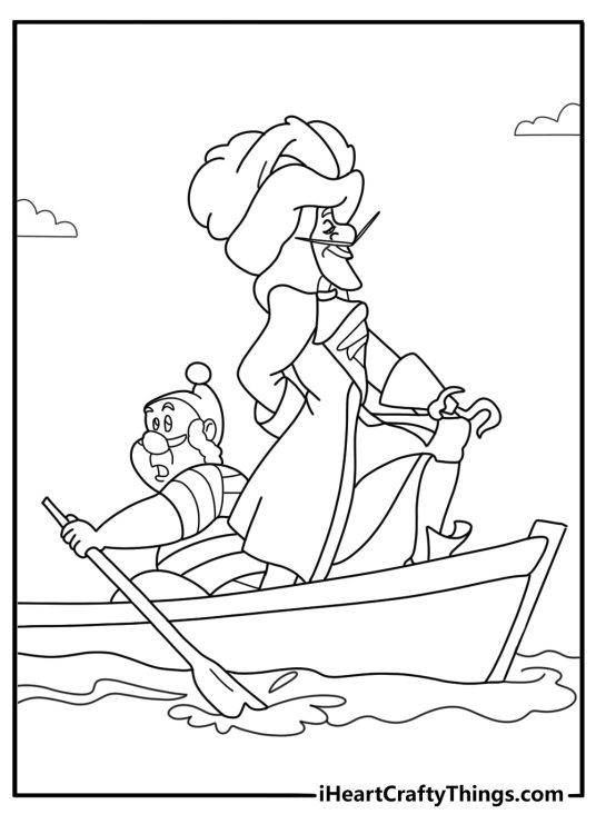 Captain hook in rowboat detailed coloring sheet