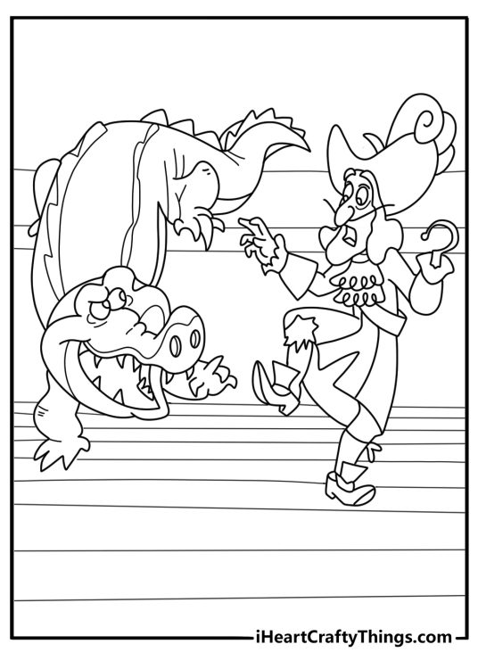 Captain hook near crocodile cartoon coloring page