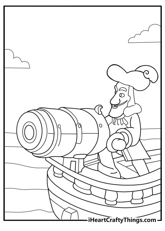 Captain hook near ship cannon coloring page for kids