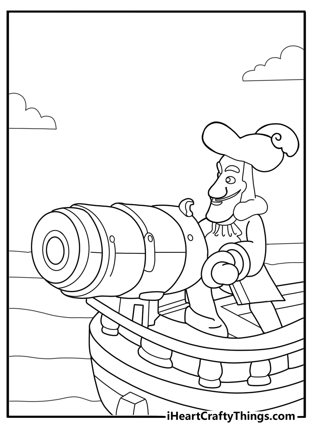 captain hook near ship cannon coloring page for kids