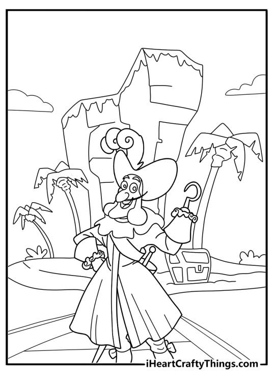 Captain hook near treasure island easy coloring page for kids