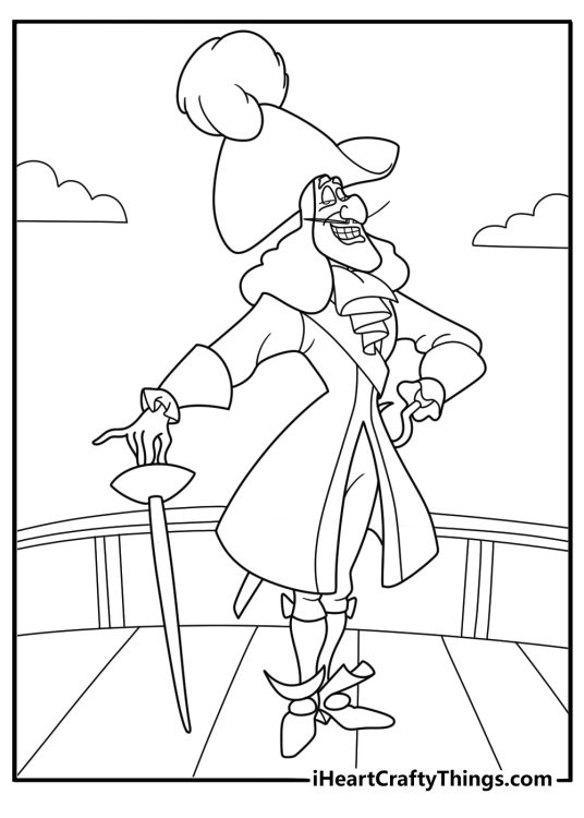 Captain hook on pirate ship deck easy coloring page for kids