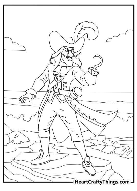 Captain hook on rocky shore simple coloring sheet