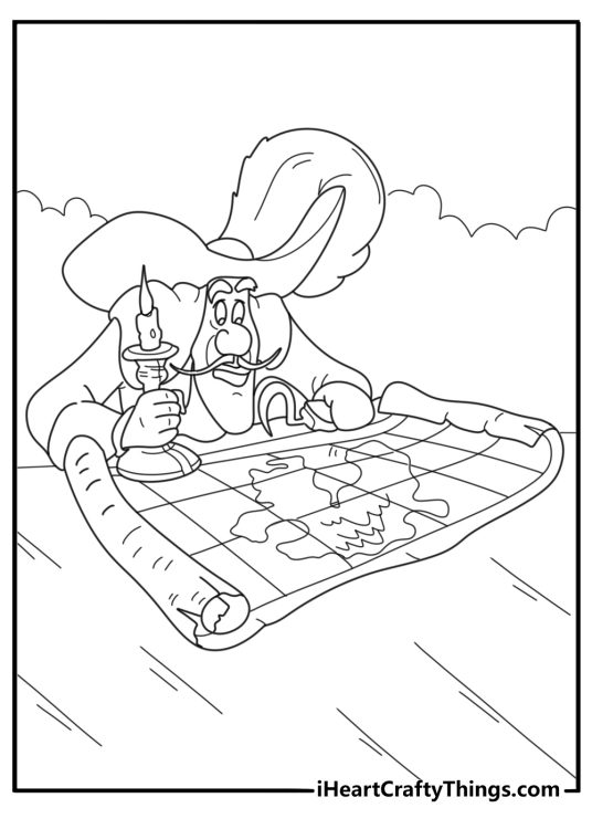 Captain hook reading treasure map easy coloring page for kids