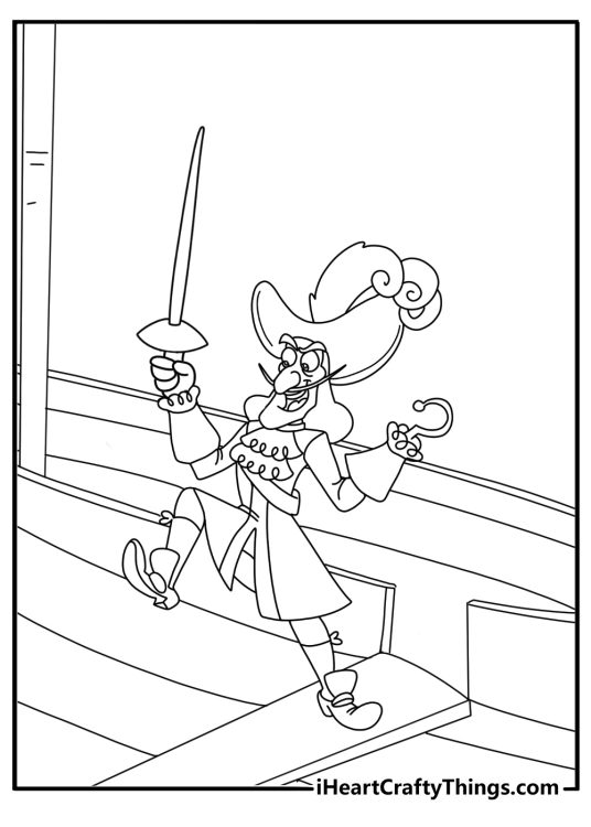 Captain hook standing on plank detailed coloring page