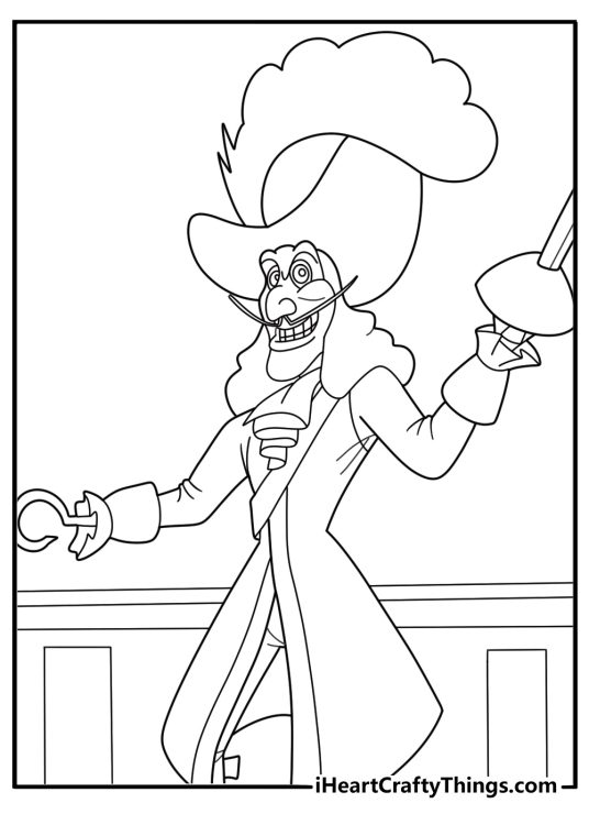 Captain hook standing proudly on ship bow simple coloring sheet