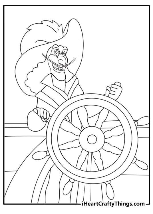 Captain hook steering ship wheel detailed coloring page